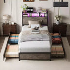 Metal Platform Bed with Storage Drawers, LED Lights and Charging Station