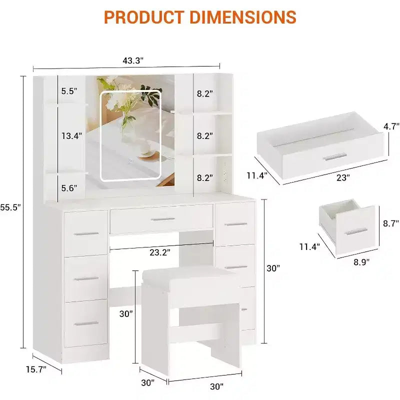 Vanity Desk with Mirror and Stool, 7 Drawers and 6 Storage Shelves, Dressing Table for Bedroom