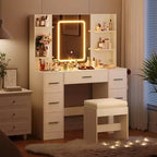 Vanity Desk with Mirror and Stool, 7 Drawers and 6 Storage Shelves, Dressing Table for Bedroom