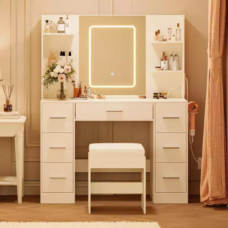 Vanity Desk with Mirror and Stool, 7 Drawers and 6 Storage Shelves, Dressing Table for Bedroom