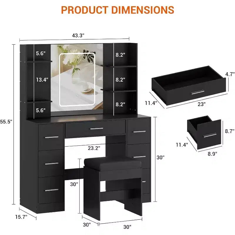 Vanity Desk with Mirror and Stool, 7 Drawers and 6 Storage Shelves, Dressing Table for Bedroom