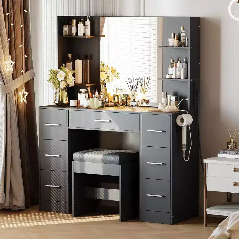 Vanity Desk with Mirror and Stool, 7 Drawers and 6 Storage Shelves, Dressing Table for Bedroom