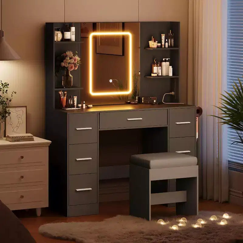 Vanity Desk with Mirror and Stool, 7 Drawers and 6 Storage Shelves, Dressing Table for Bedroom