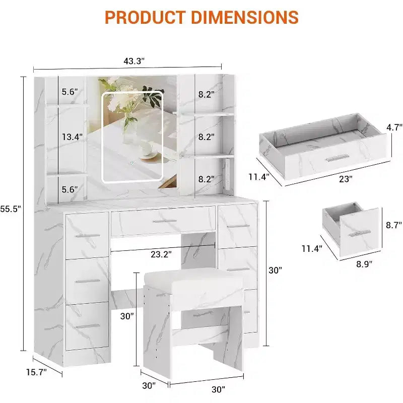 Vanity Desk with Mirror and Stool, 7 Drawers and 6 Storage Shelves, Dressing Table for Bedroom