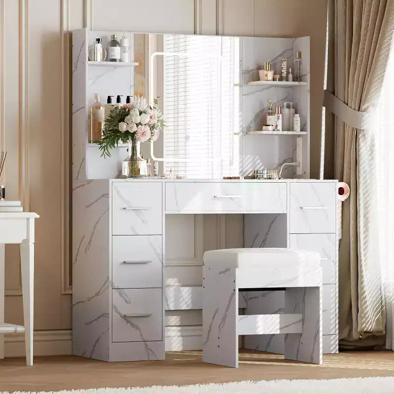Vanity Desk with Mirror and Stool, 7 Drawers and 6 Storage Shelves, Dressing Table for Bedroom