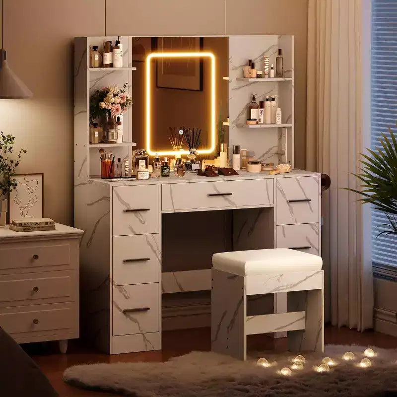 Vanity Desk with Mirror and Stool, 7 Drawers and 6 Storage Shelves, Dressing Table for Bedroom