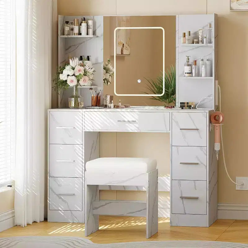 Vanity Desk with Mirror and Stool, 7 Drawers and 6 Storage Shelves, Dressing Table for Bedroom