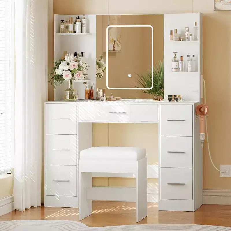 Vanity Desk with Mirror and Stool, 7 Drawers and 6 Storage Shelves, Dressing Table for Bedroom