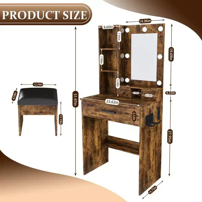 Vanity Table with Mirror and LED Lights, Storage Dressing Desk with Power Outlet and Stool
