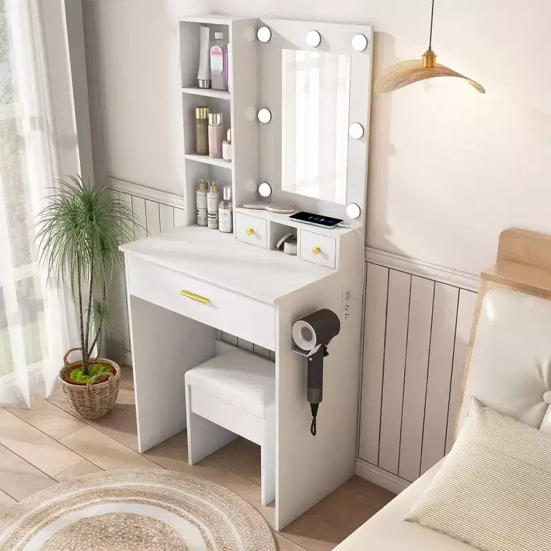 Vanity Table with Mirror and LED Lights, Storage Dressing Desk with Power Outlet and Stool