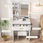 Vanity Table with Mirror and LED Lights, Storage Dressing Desk with Power Outlet and Stool