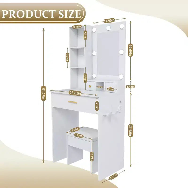 Vanity Table with Mirror and LED Lights, Storage Dressing Desk with Power Outlet and Stool