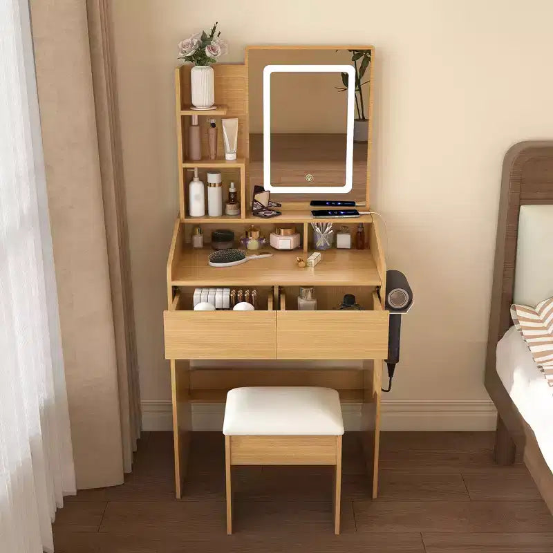 Vanity Table with Mirror and LED Lights, Storage Dressing Desk with Power Outlet and Stool