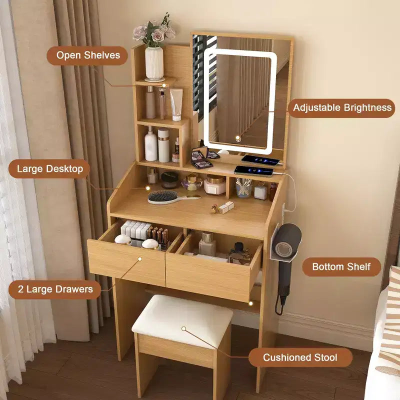 Vanity Table with Mirror and LED Lights, Storage Dressing Desk with Power Outlet and Stool