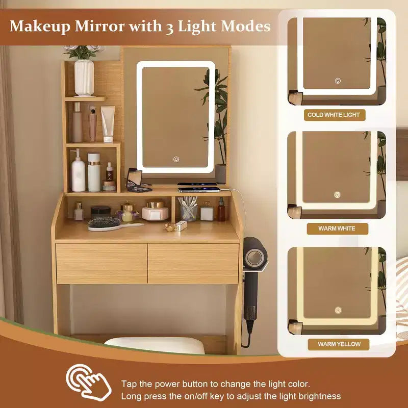 Vanity Table with Mirror and LED Lights, Storage Dressing Desk with Power Outlet and Stool