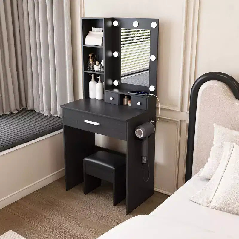 Vanity Table with Mirror and LED Lights, Storage Dressing Desk with Power Outlet and Stool