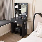 Vanity Table with Mirror and LED Lights, Storage Dressing Desk with Power Outlet and Stool