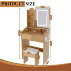 Vanity Table with Mirror and LED Lights, Storage Dressing Desk with Power Outlet and Stool