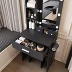 Vanity Table with Mirror and LED Lights, Storage Dressing Desk with Power Outlet and Stool