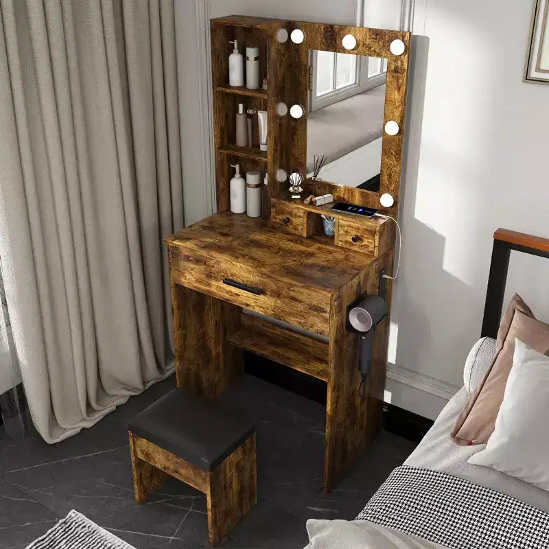 Vanity Table with Mirror and LED Lights, Storage Dressing Desk with Power Outlet and Stool