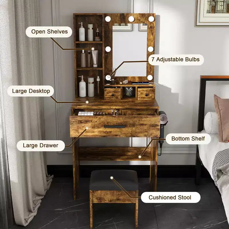 Vanity Table with Mirror and LED Lights, Storage Dressing Desk with Power Outlet and Stool