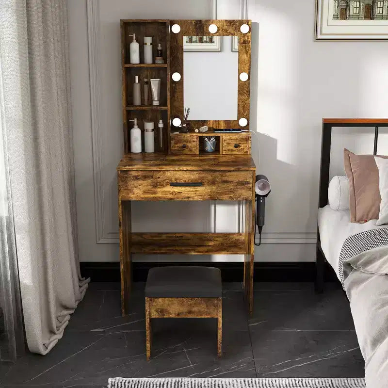 Vanity Table with Mirror and LED Lights, Storage Dressing Desk with Power Outlet and Stool