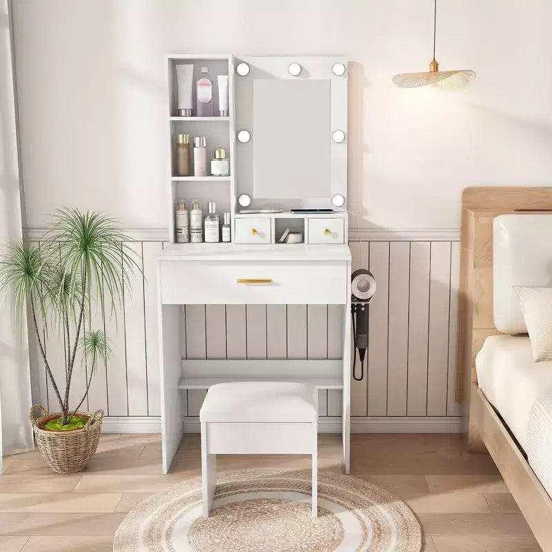 Vanity Table with Mirror and LED Lights, Storage Dressing Desk with Power Outlet and Stool