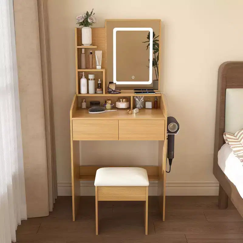 Vanity Table with Mirror and LED Lights, Storage Dressing Desk with Power Outlet and Stool