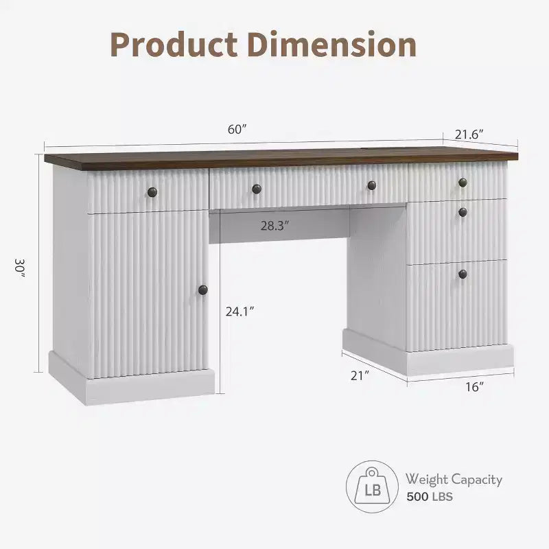 60-Inch Home Office Desk with Drawers and Charging Station