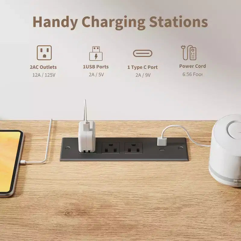60-Inch Home Office Desk with Drawers and Charging Station