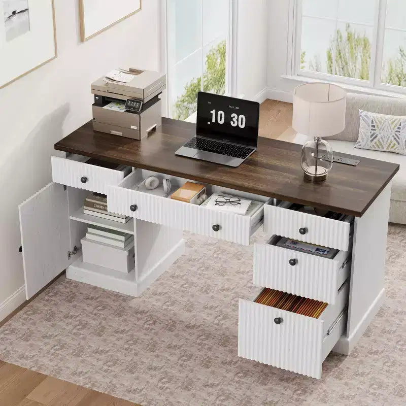 60-Inch Home Office Desk with Drawers and Charging Station