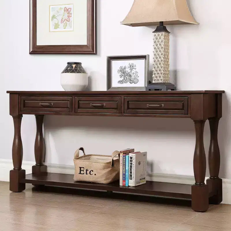 61-Inch Vintage Pine Console Table with 3 Drawers and Bottom Shelf