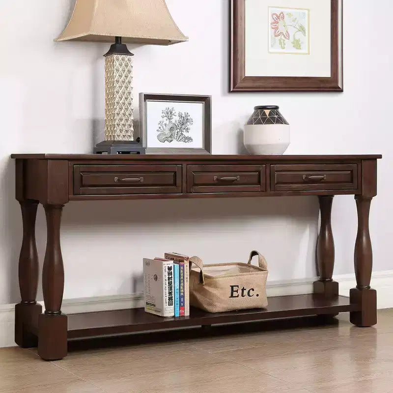 61-Inch Vintage Pine Console Table with 3 Drawers and Bottom Shelf