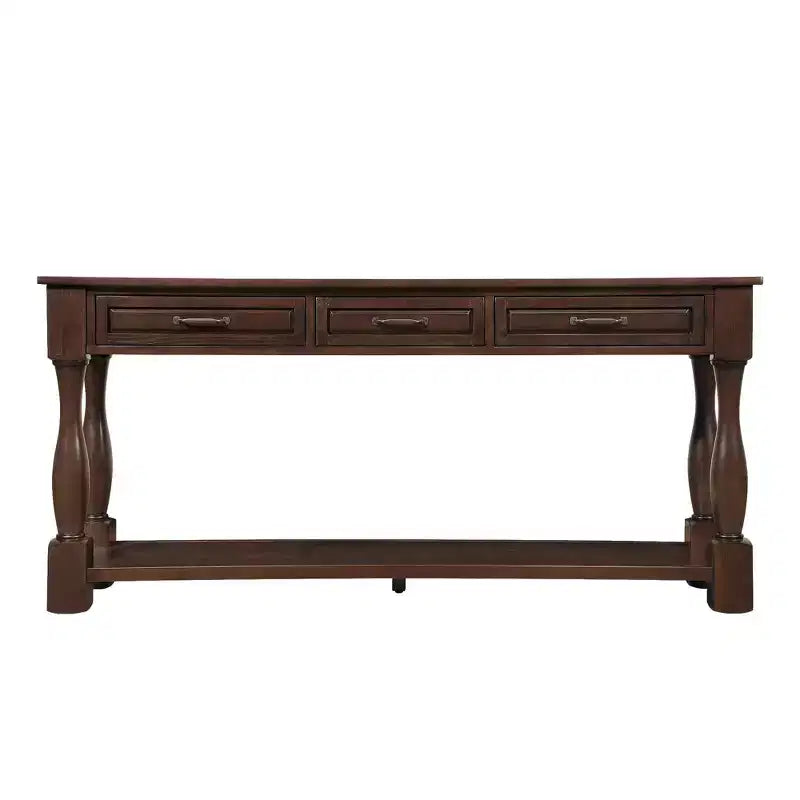 61-Inch Vintage Pine Console Table with 3 Drawers and Bottom Shelf