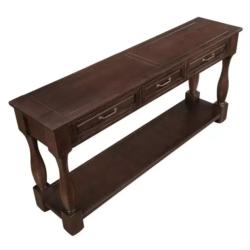 61-Inch Vintage Pine Console Table with 3 Drawers and Bottom Shelf