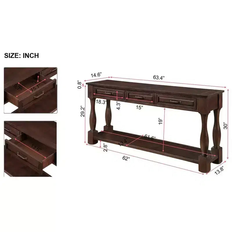 61-Inch Vintage Pine Console Table with 3 Drawers and Bottom Shelf
