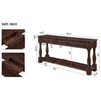 61-Inch Vintage Pine Console Table with 3 Drawers and Bottom Shelf