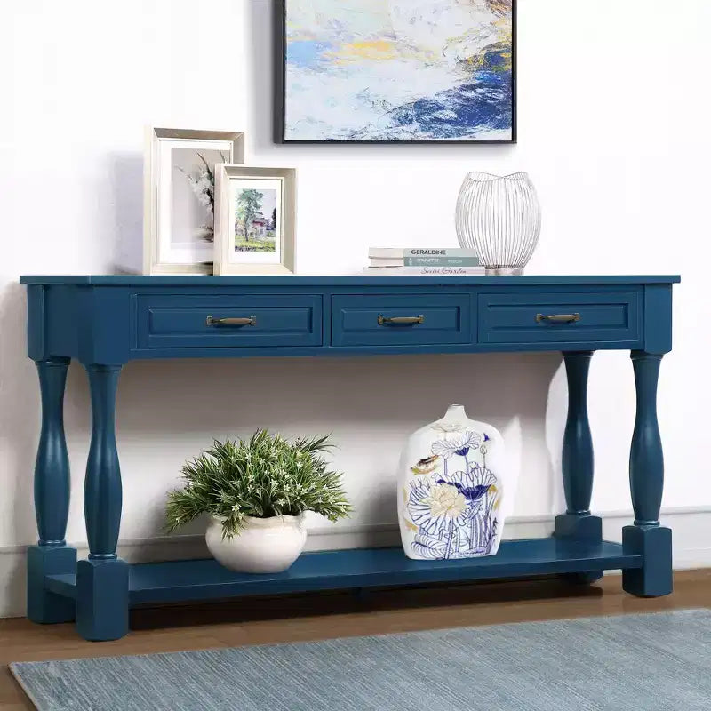 61-Inch Vintage Pine Console Table with 3 Drawers and Bottom Shelf