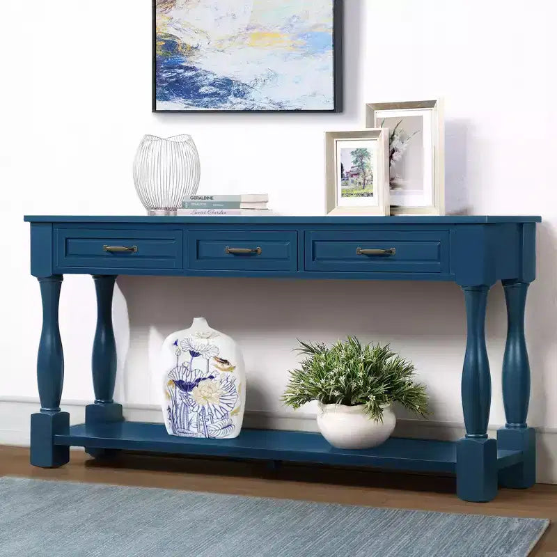 61-Inch Vintage Pine Console Table with 3 Drawers and Bottom Shelf