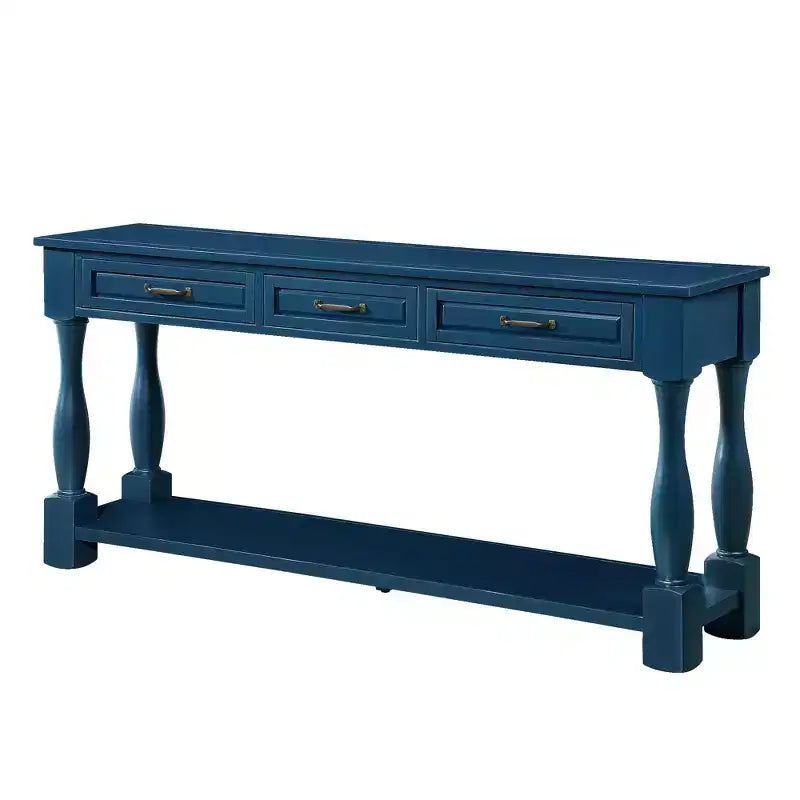 61-Inch Vintage Pine Console Table with 3 Drawers and Bottom Shelf