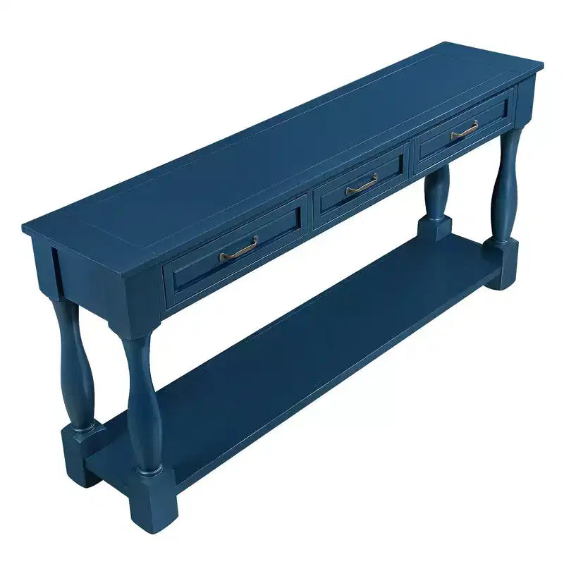61-Inch Vintage Pine Console Table with 3 Drawers and Bottom Shelf