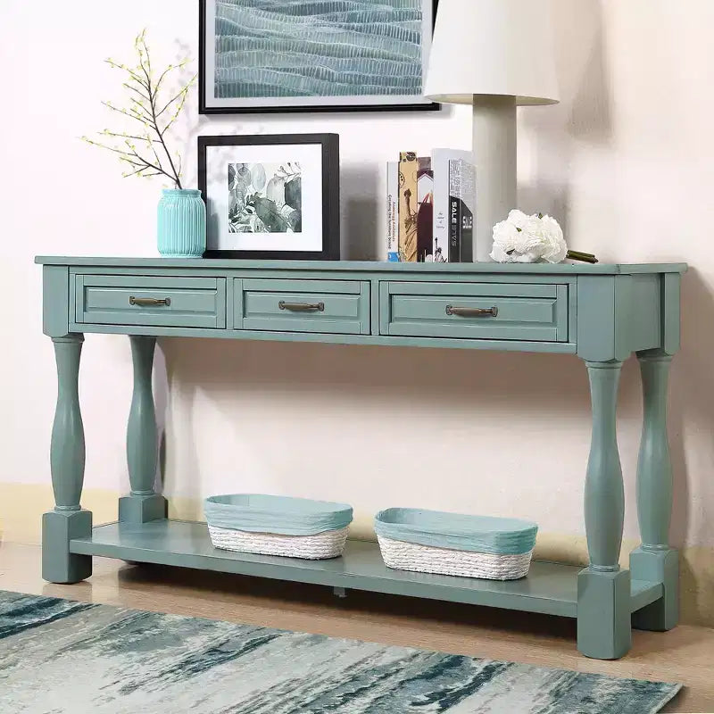 61-Inch Vintage Pine Console Table with 3 Drawers and Bottom Shelf