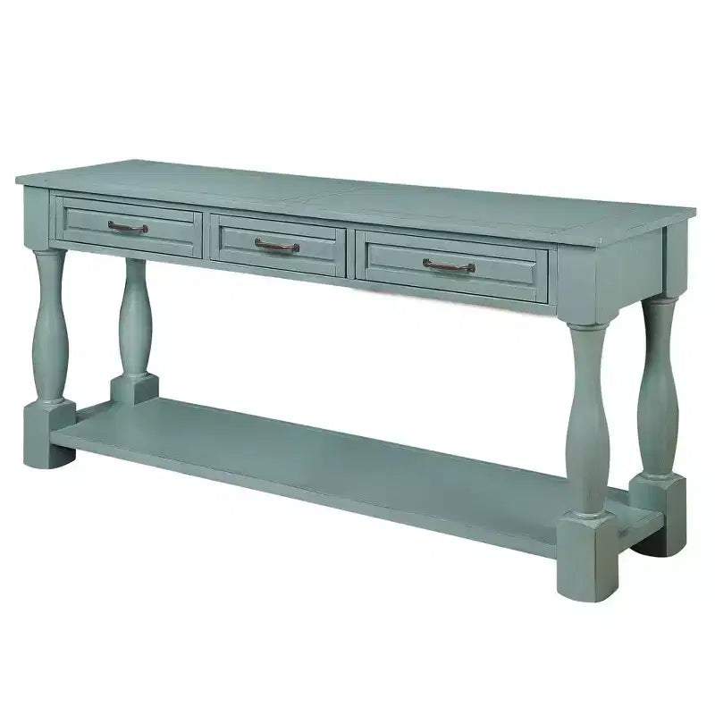61-Inch Vintage Pine Console Table with 3 Drawers and Bottom Shelf