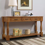 61-Inch Vintage Pine Console Table with 3 Drawers and Bottom Shelf