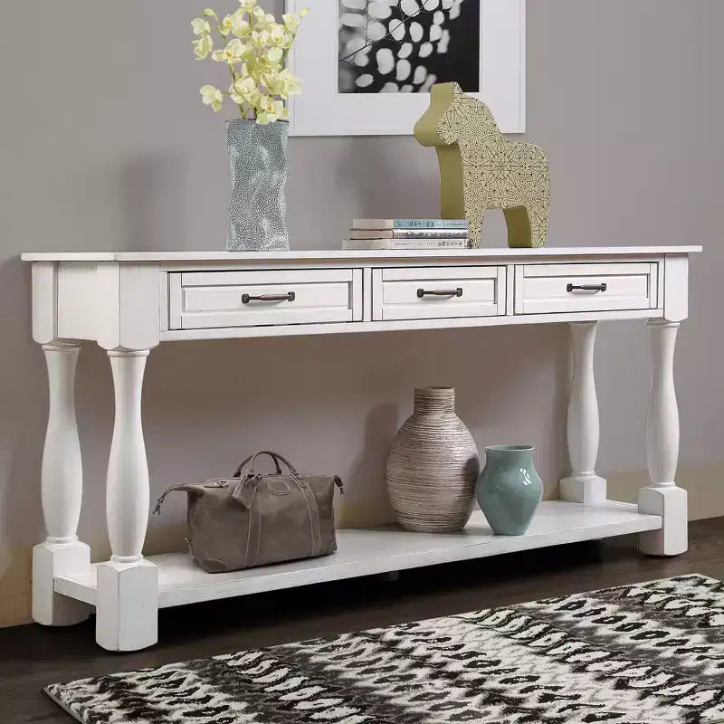 61-Inch Vintage Pine Console Table with 3 Drawers and Bottom Shelf