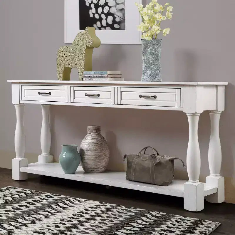 61-Inch Vintage Pine Console Table with 3 Drawers and Bottom Shelf