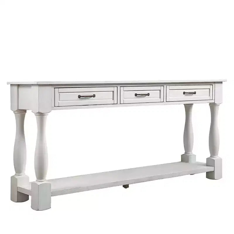 61-Inch Vintage Pine Console Table with 3 Drawers and Bottom Shelf