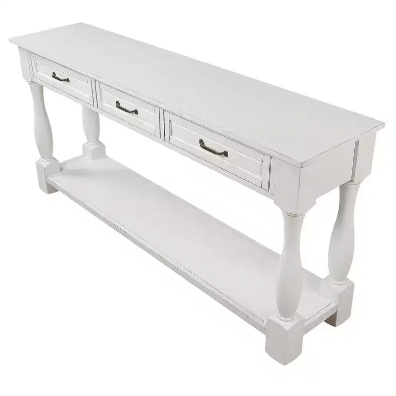 61-Inch Vintage Pine Console Table with 3 Drawers and Bottom Shelf