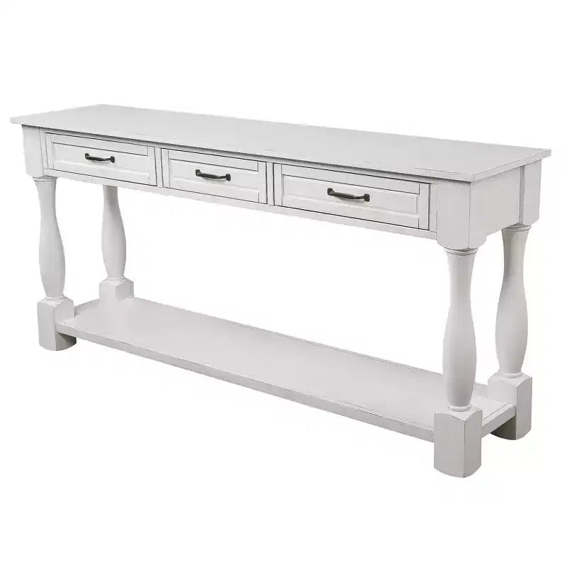 61-Inch Vintage Pine Console Table with 3 Drawers and Bottom Shelf