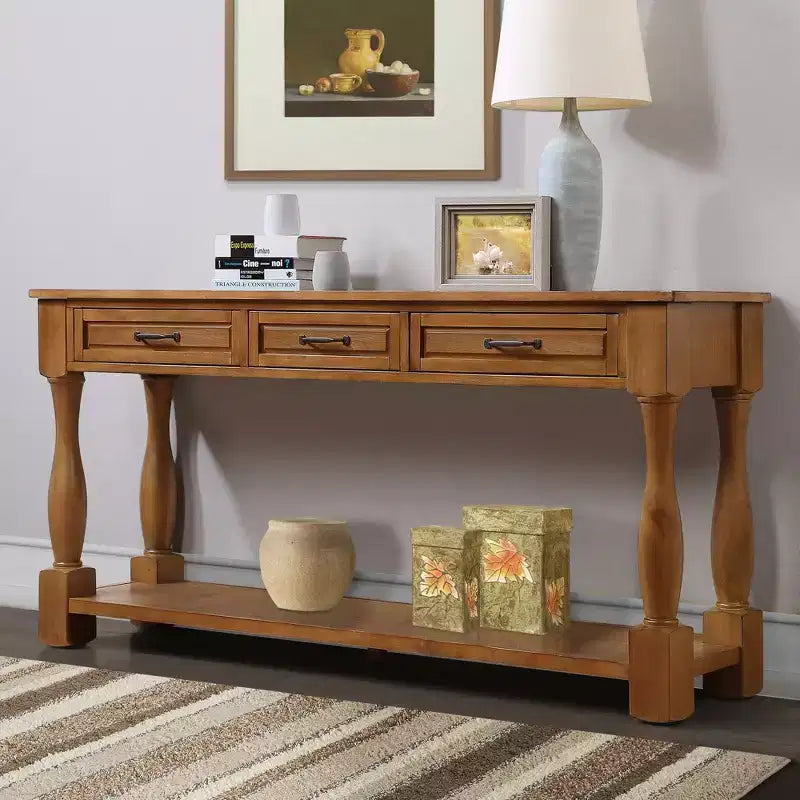 61-Inch Vintage Pine Console Table with 3 Drawers and Bottom Shelf